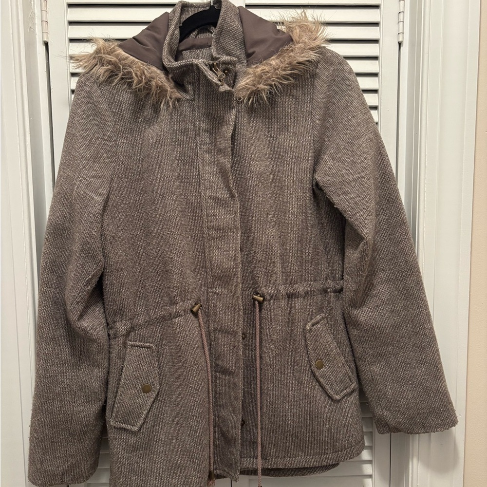 Women's Brown Hooded Jacket with Faux Fur Trim